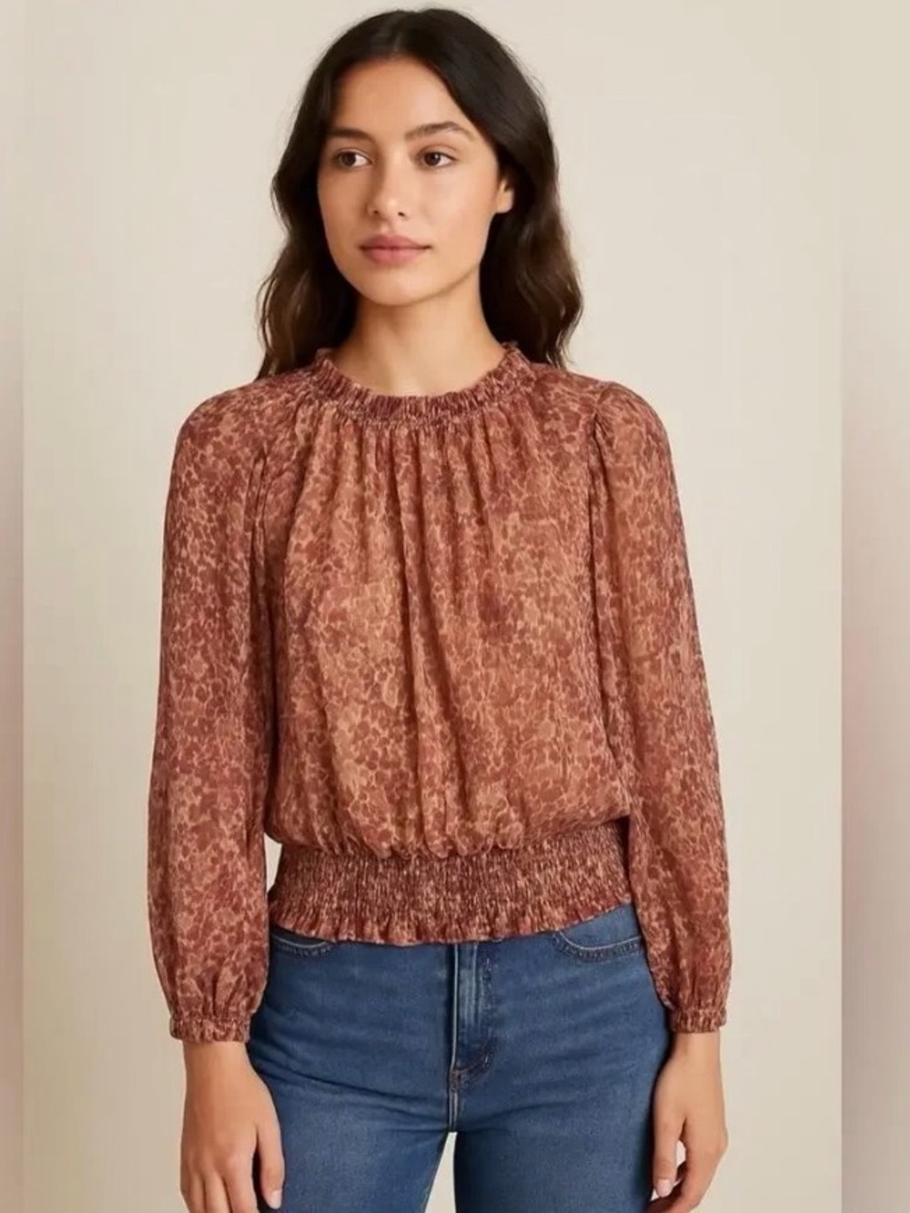 J. Joie Blouse Sz M Gold Burgundy Floral Metallic Smocked Sheer Sleeve Top Boho